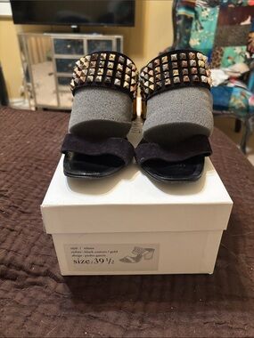 Pedro Garcia Black Heeled Sandals with Gold Studs